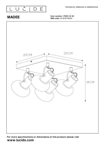 Lucide MADEE - Plafondspot - 4xE14 - Zwart - technisch